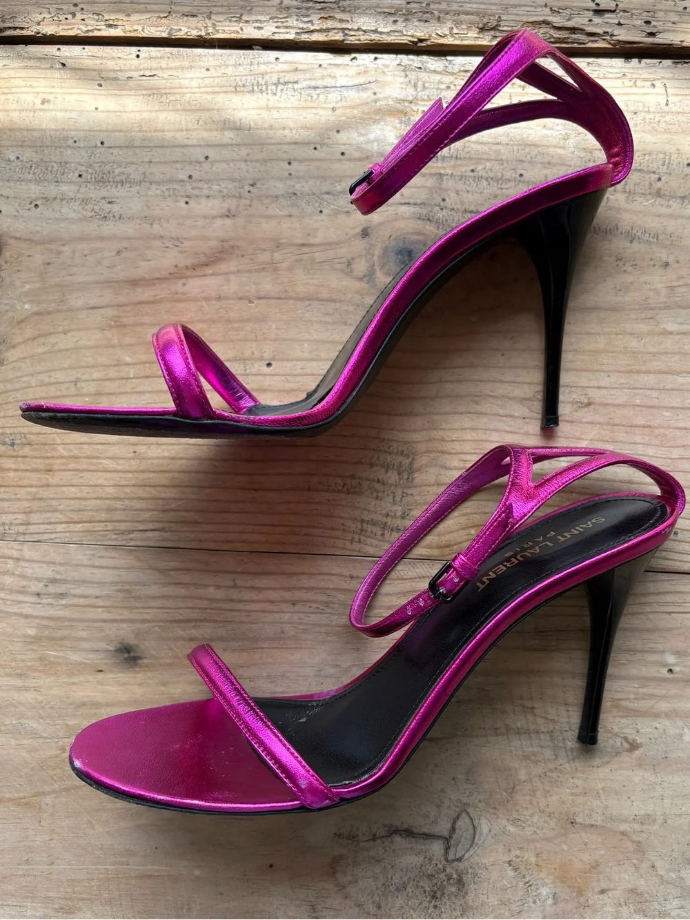 Saint Laurent Metallic Fuchsia Ankle-Strap Stiletto Sandals - Picture 3 of 13
